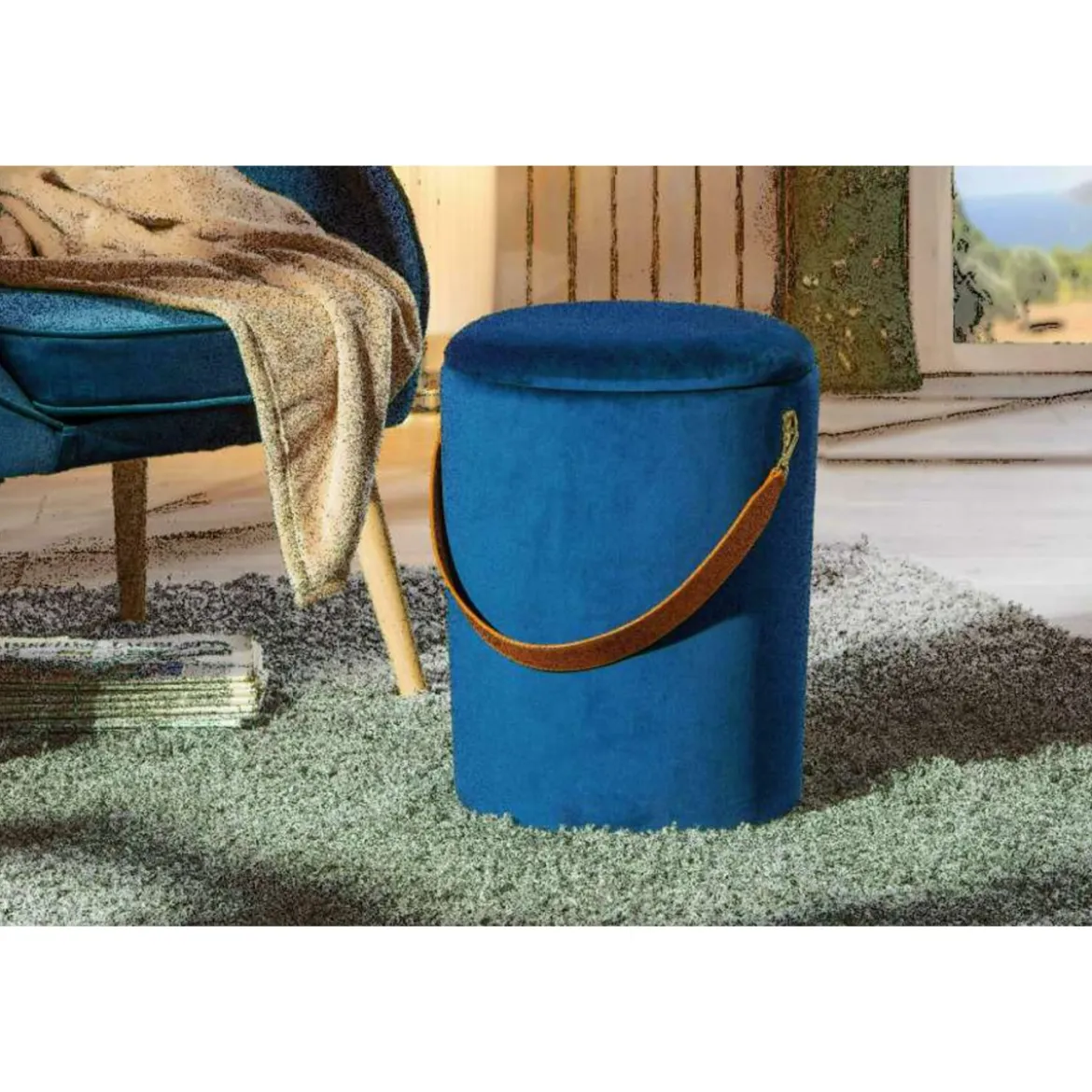Pouff Contenitore Blu Tondo Puff Portaoggetti Sgabello con Maniglia