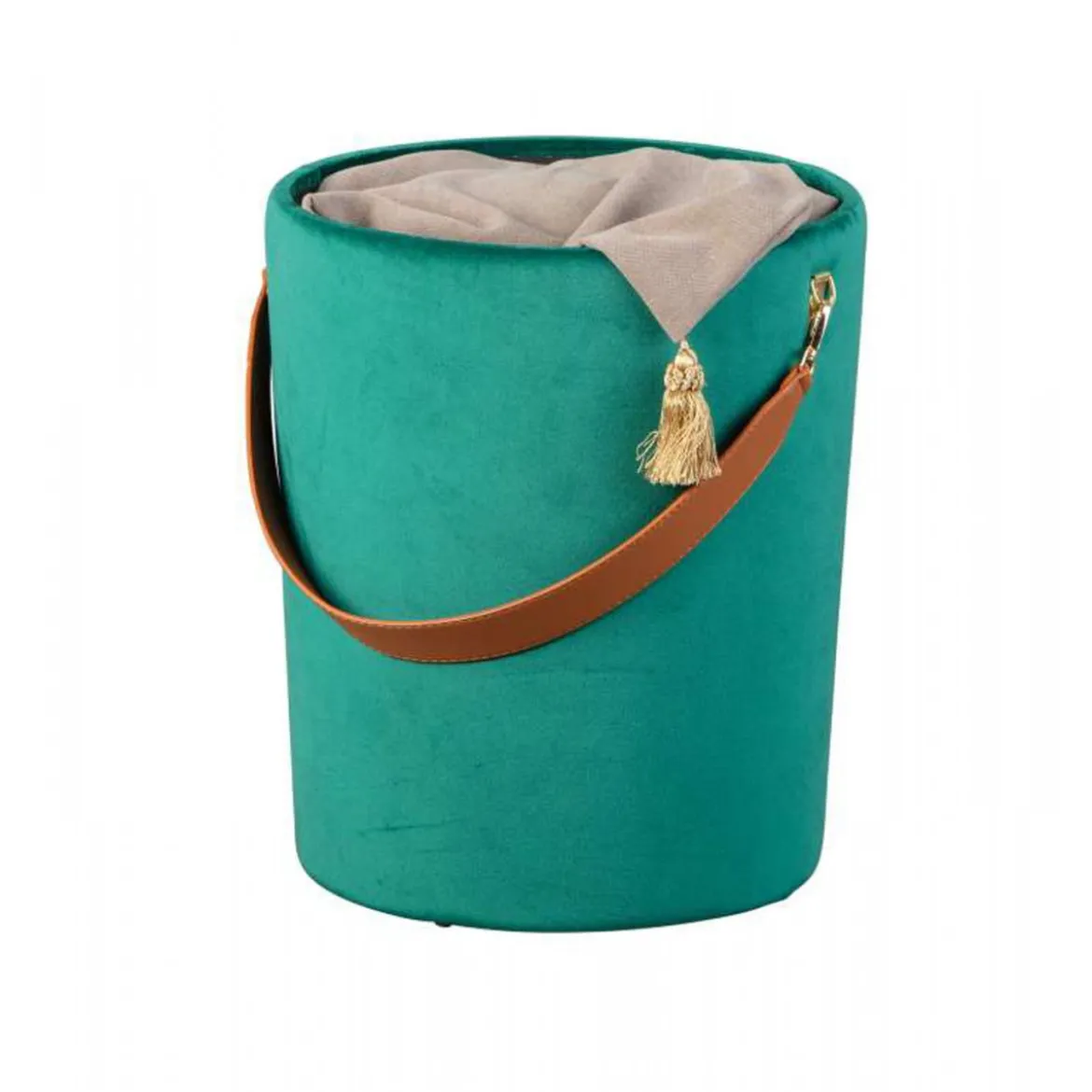 Pouff Contenitore Tondo Puff Verde Portaoggetti Sgabello con Maniglia