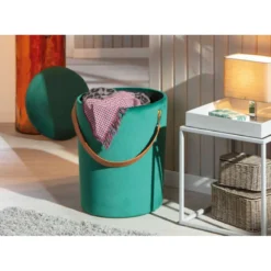 Pouff Contenitore Tondo Puff Verde Portaoggetti Sgabello con Maniglia