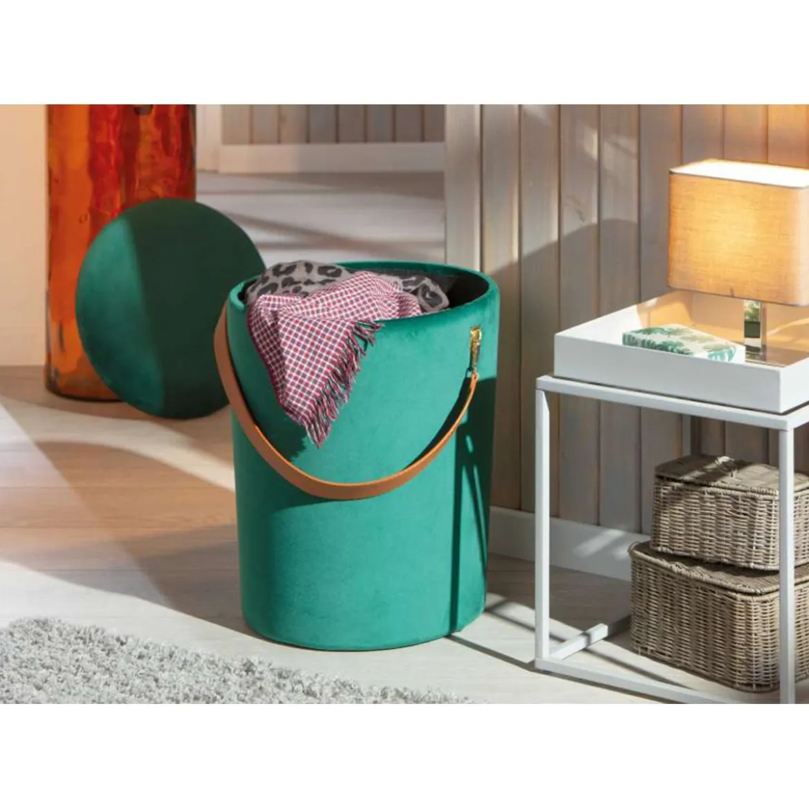 Pouff Contenitore Tondo Puff Verde Portaoggetti Sgabello con Maniglia
