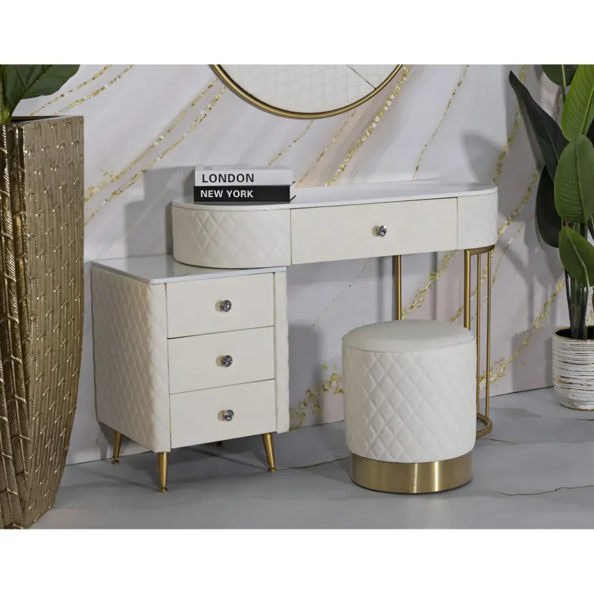 Pouf Imbottito Similpelle Trapuntata Bianco Oro Salotto Camera da Letto