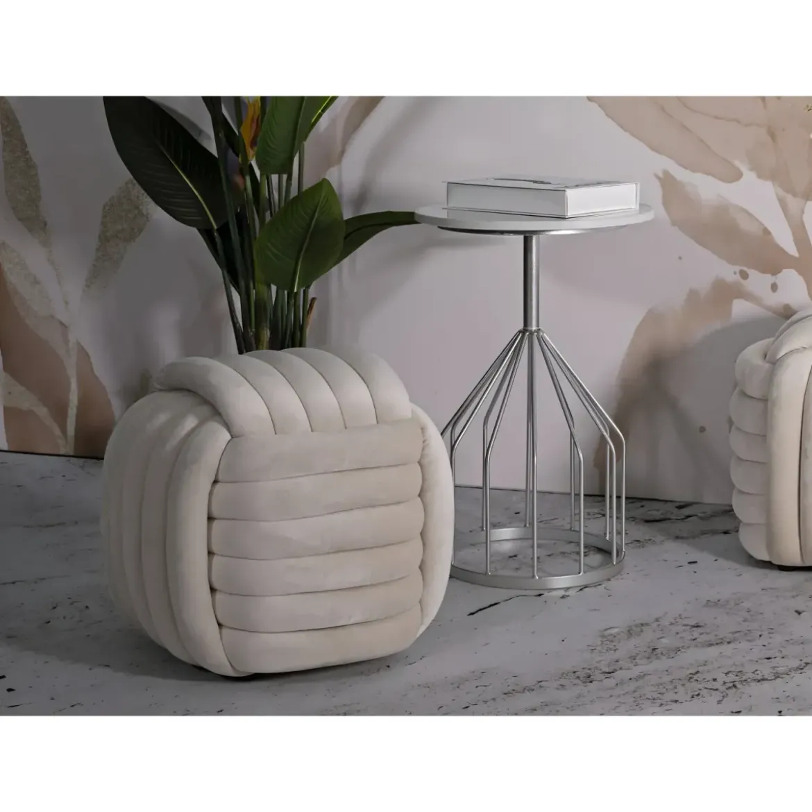 Pouf in Velluto Crema Quadrato Elegante per Salotto Camera da Letto