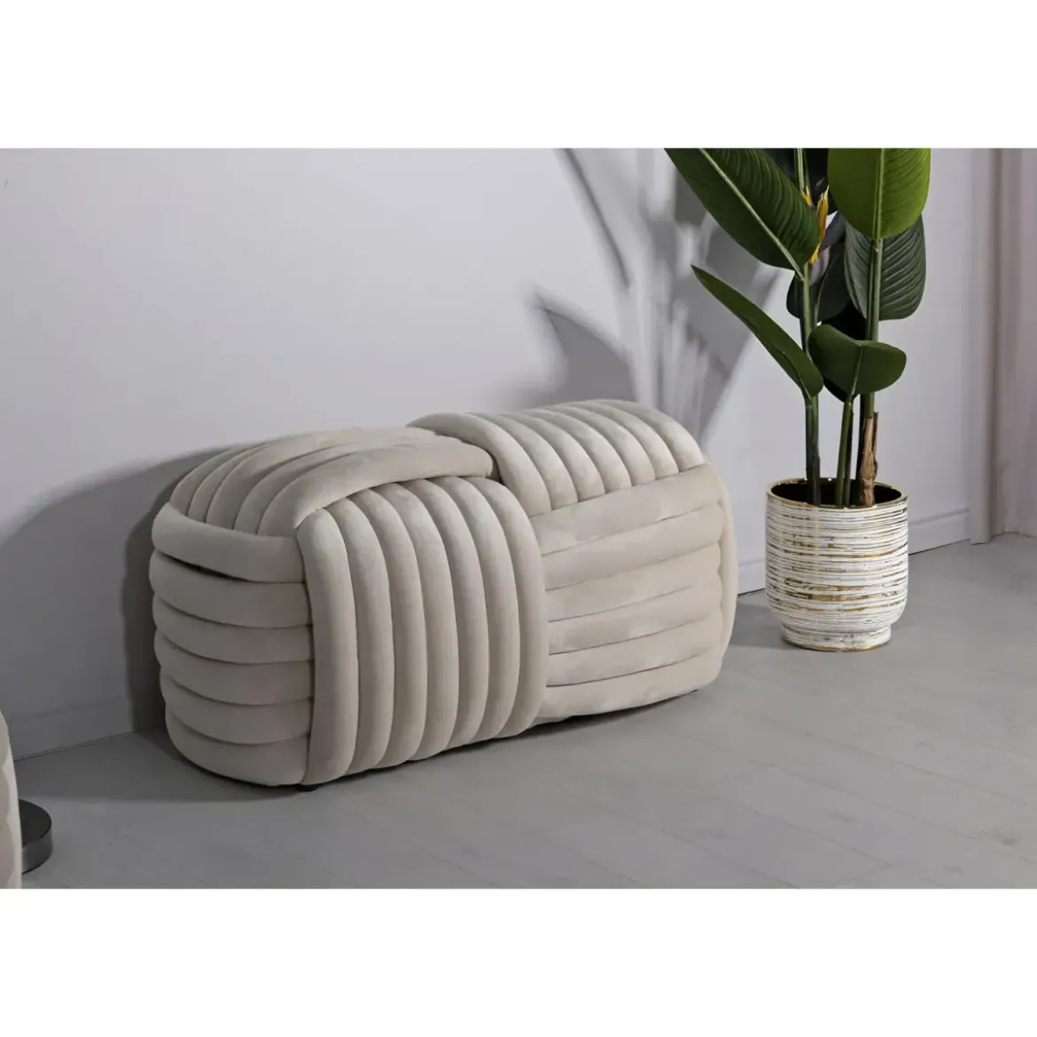Pouf Panca Velluto Crema Rettangolare Elegante Salotto Camera da Letto