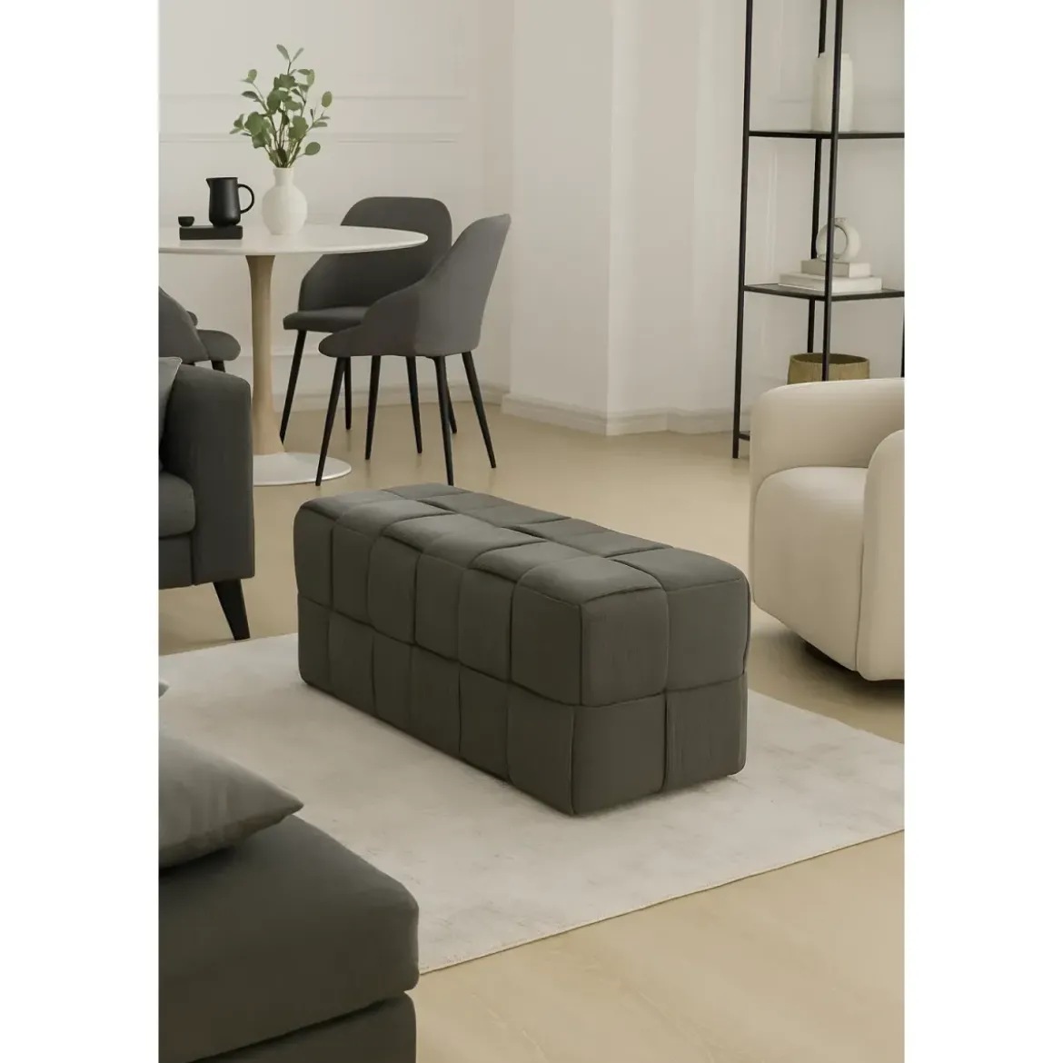 Pouf Rettangolare 104x39x39 cm in Tessuto Effetto Intrecciato Grigio