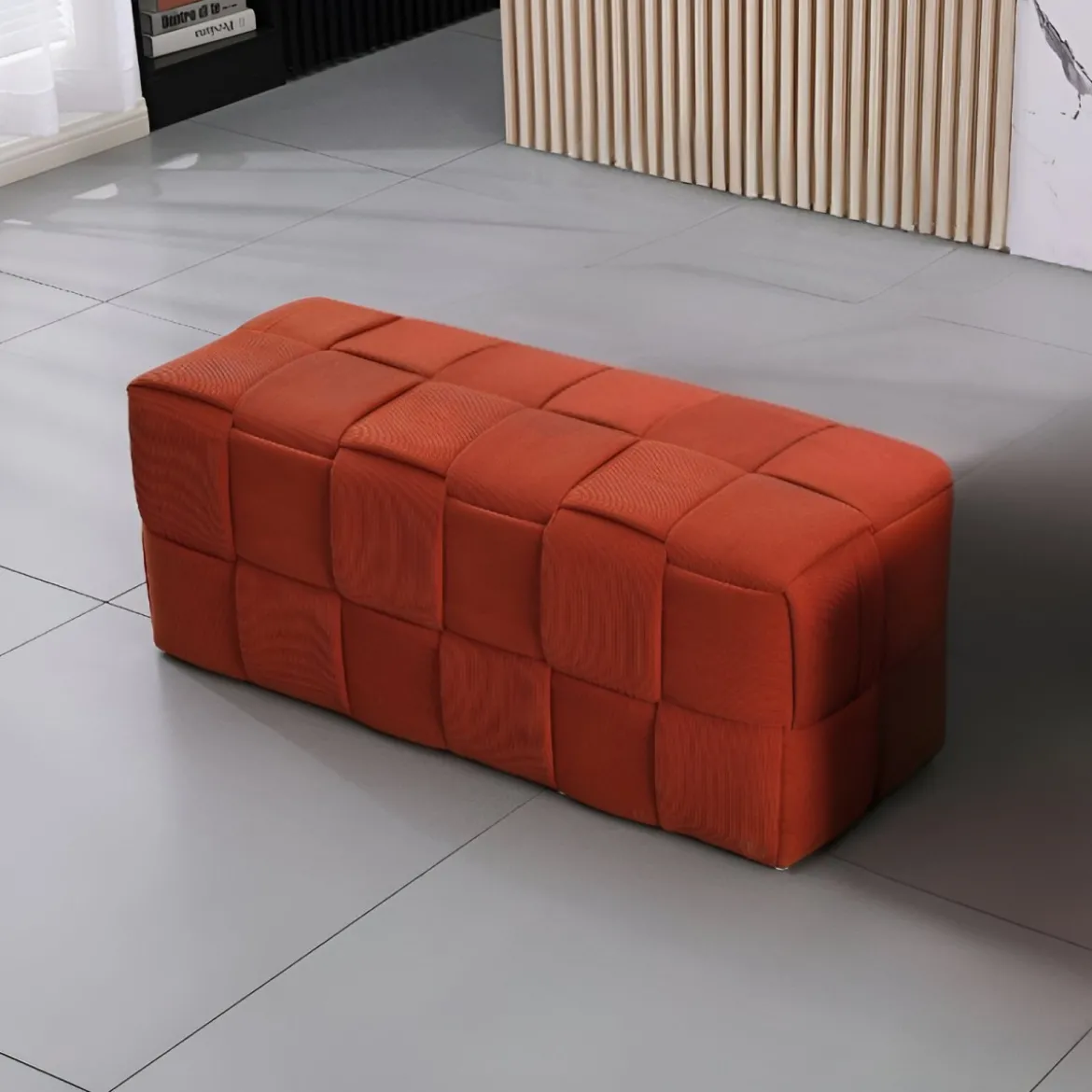 Pouf Rettangolare 104x39x39 cm in Tessuto Effetto Intrecciato Ruggine