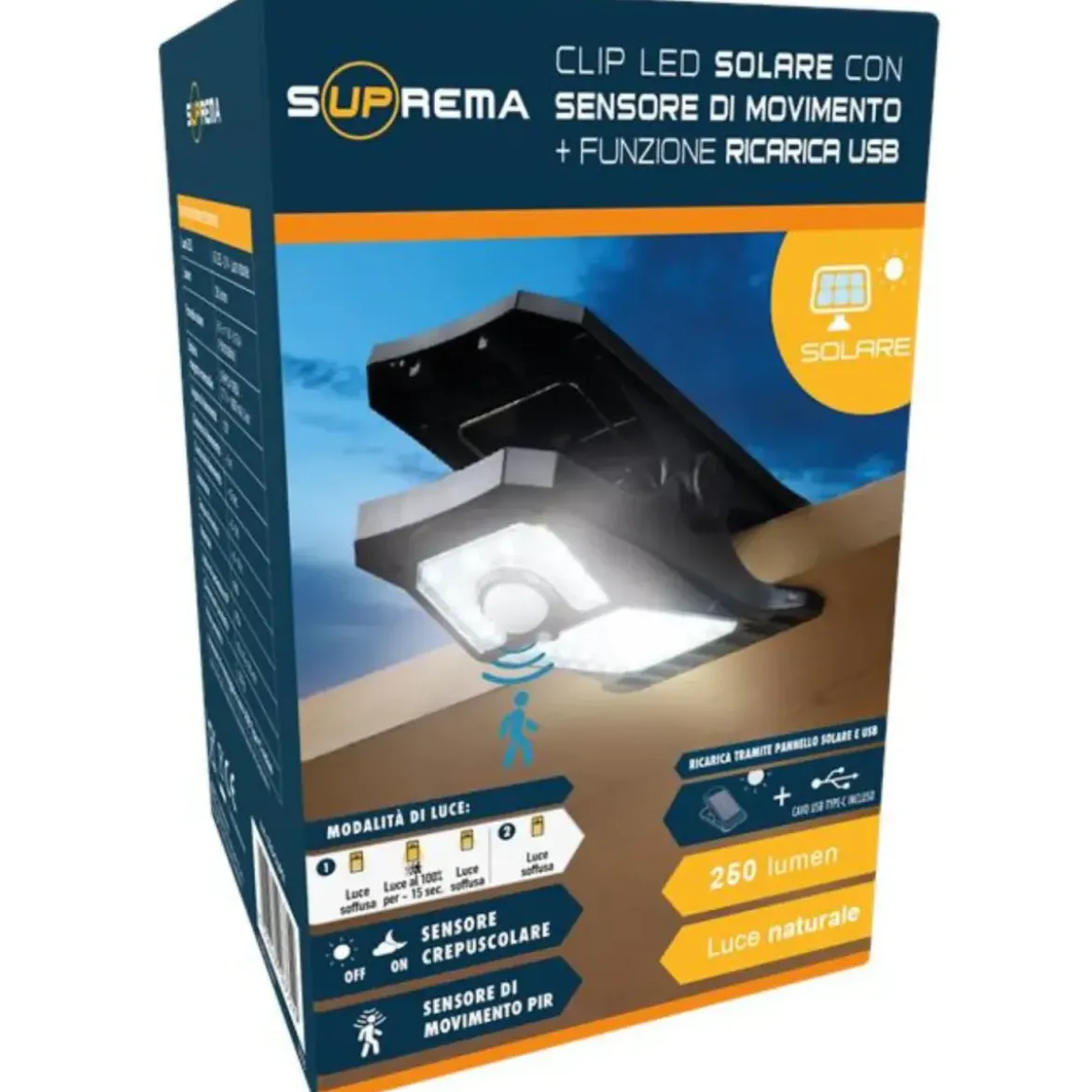 Proiettore Solare con Clip LED 250 Lumen Sensore Movimento Segnapasso