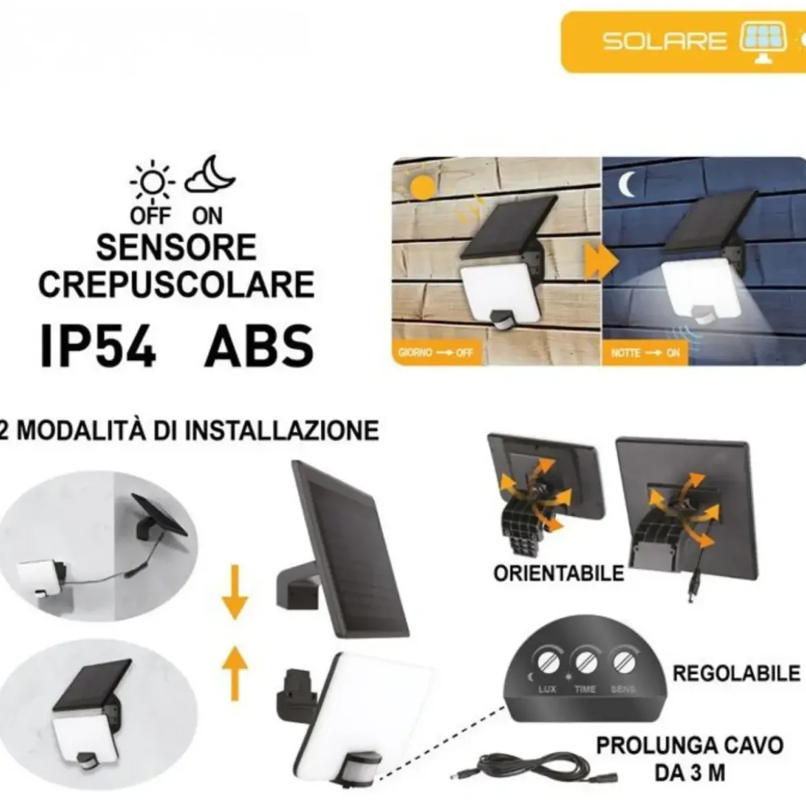 Proiettore Solare LED 8W con Pannello Orientabile Sensore Movimento