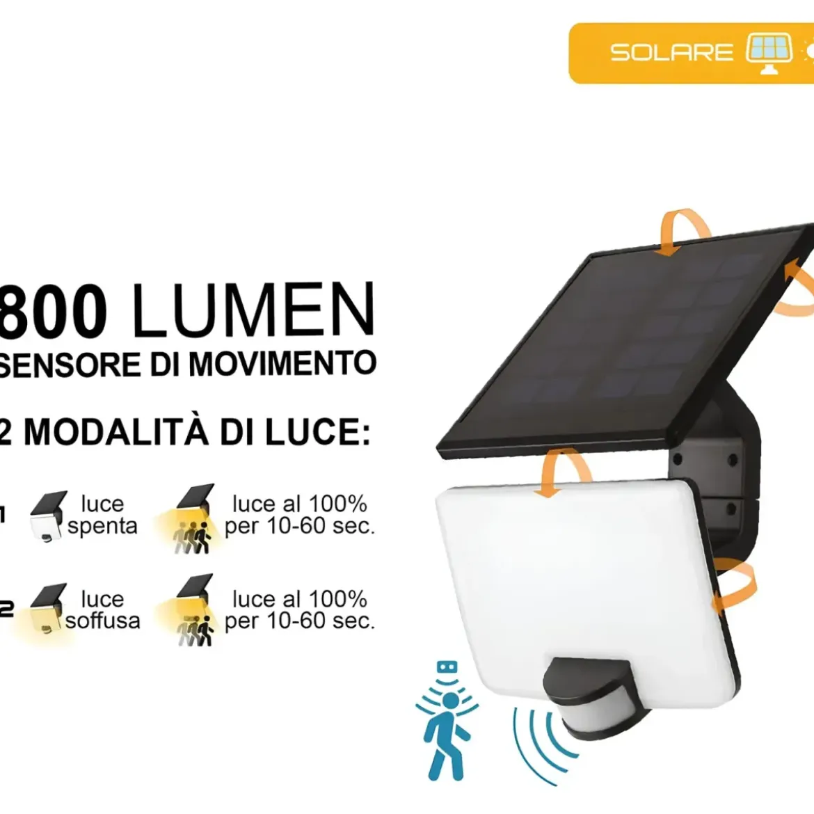 Proiettore Solare LED 8W con Pannello Orientabile Sensore Movimento