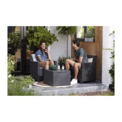 Salottino da Esterno 2 Poltrone Tavolo Contenitore Grafite Effetto Legno