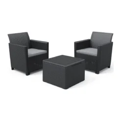 Salottino da Esterno 2 Poltrone Tavolo Contenitore Grafite Effetto Legno