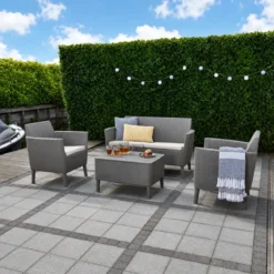 Salottino da Giardino 4 Posti Rattan Cappuccino con Cuscini e Tavolo