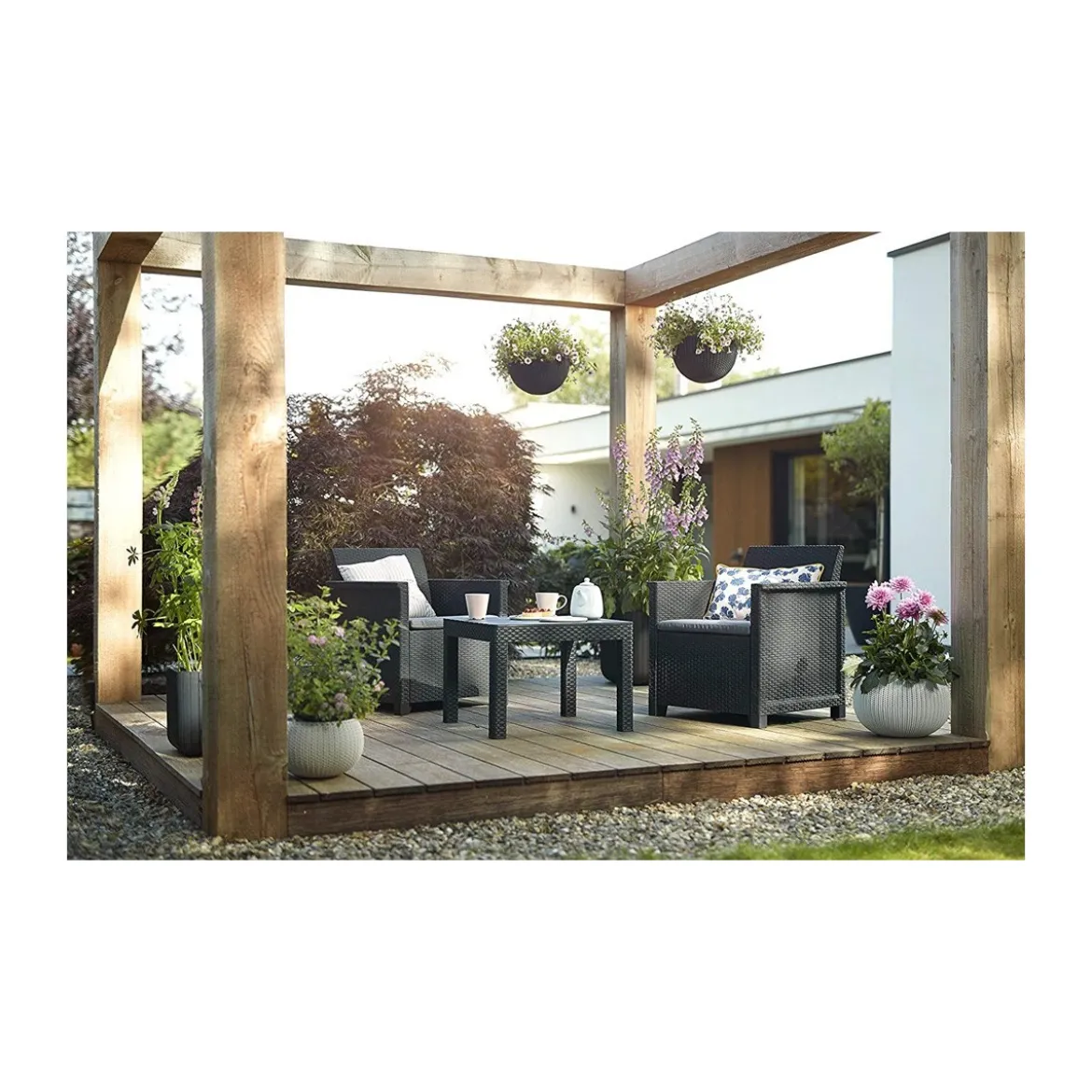 Salottino da Giardino 2 Posti Rattan Grafite con Cuscini e Tavolino