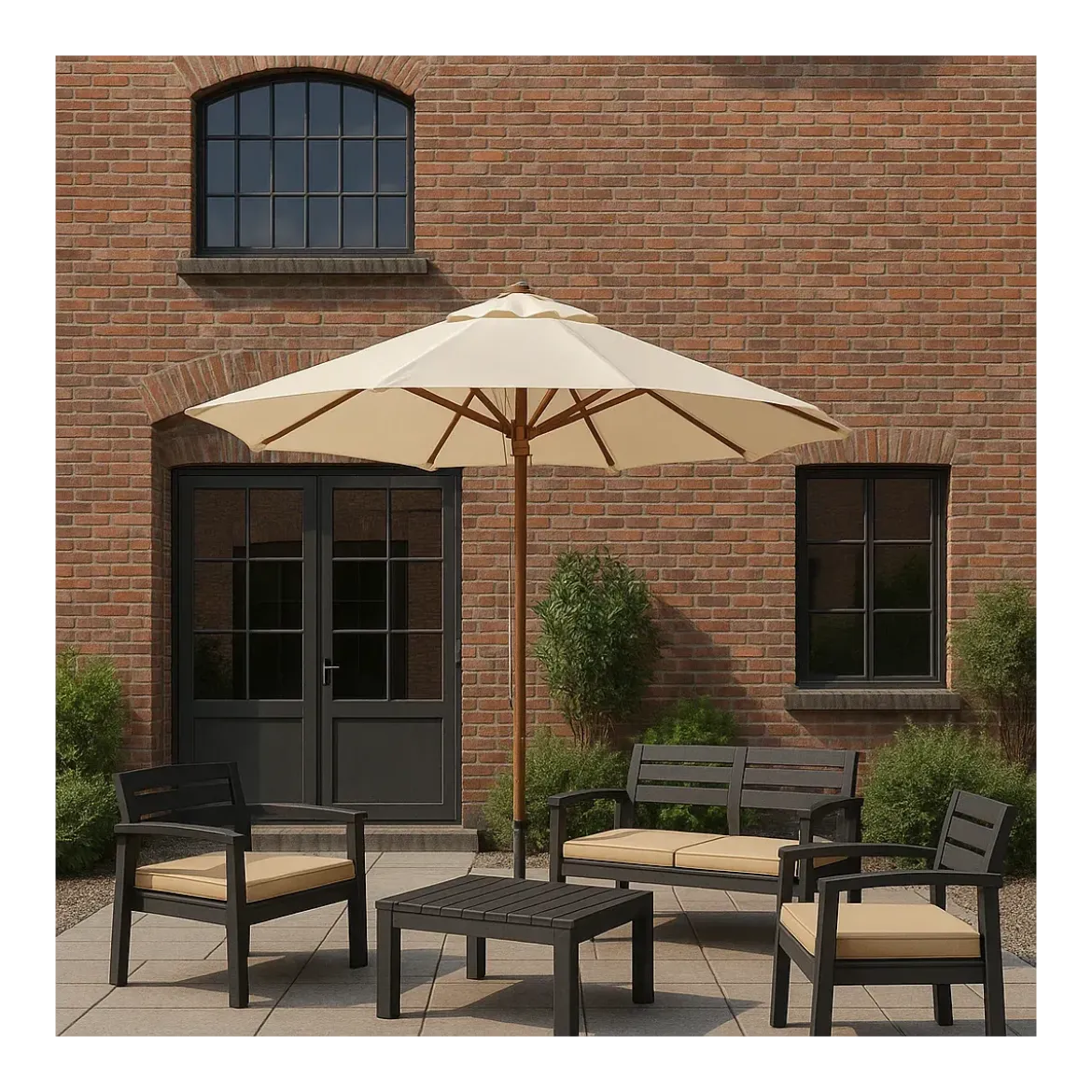 Salottino 4 Pezzi Antracite Resina Effetto Legno con Cuscini Crema