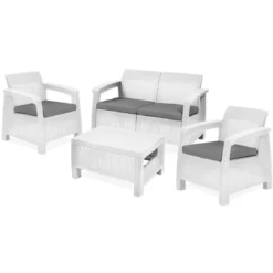 Salotto da Esterno Bianco Effetto Rattan Salottino Divano 2 Poltrone
