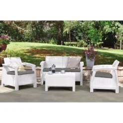 Salotto da Esterno Bianco Effetto Rattan Salottino Divano 2 Poltrone