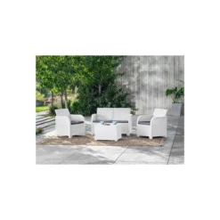 Salotto da Esterno Effetto Rattan Bianco Lounge Divano con Cuscini