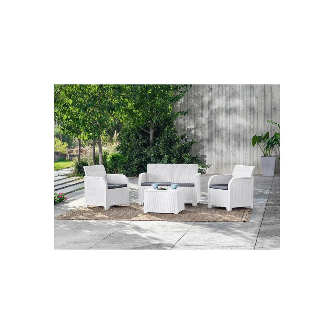 Salotto da Esterno Effetto Rattan Bianco Lounge Divano con Cuscini