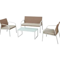 Salotto da Giardino Completo in Polyrattan Miele Bianco e Acciaio