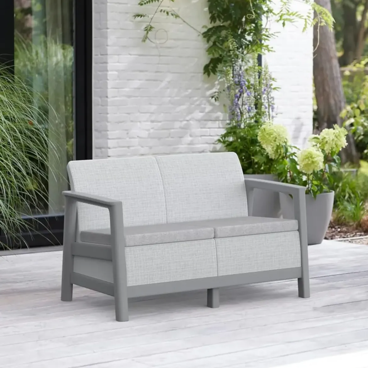 Salotto da Giardino Divano Poltrone Tavolo Contenitore Grigio Cuscini