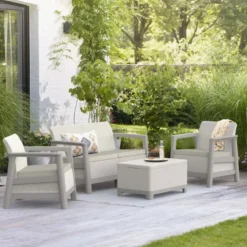 Salotto da Giardino Divano Poltrone Tavolo Contenitore Beige Cuscini