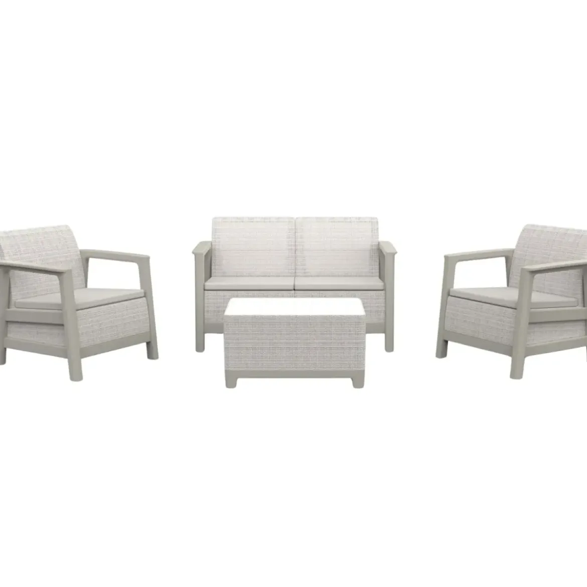 Salotto da Giardino Divano Poltrone Tavolo Contenitore Beige Cuscini