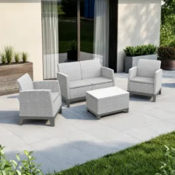 Salotto da Giardino Effetto Juta con Cuscini Grigio Chiaro 4 Posti