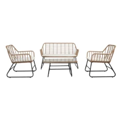 Salotto Esterno Set Beige Divano 2 Poltrone Tavolino Basso Giardino