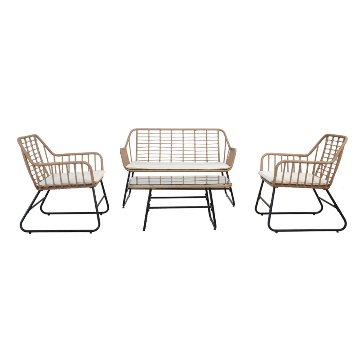 Salotto Esterno Set Beige Divano 2 Poltrone Tavolino Basso Giardino