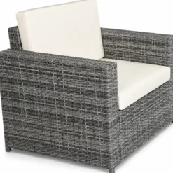 Salotto Giardino Grigio Effetto Rattan Divano Poltrone Tavolo Cuscini