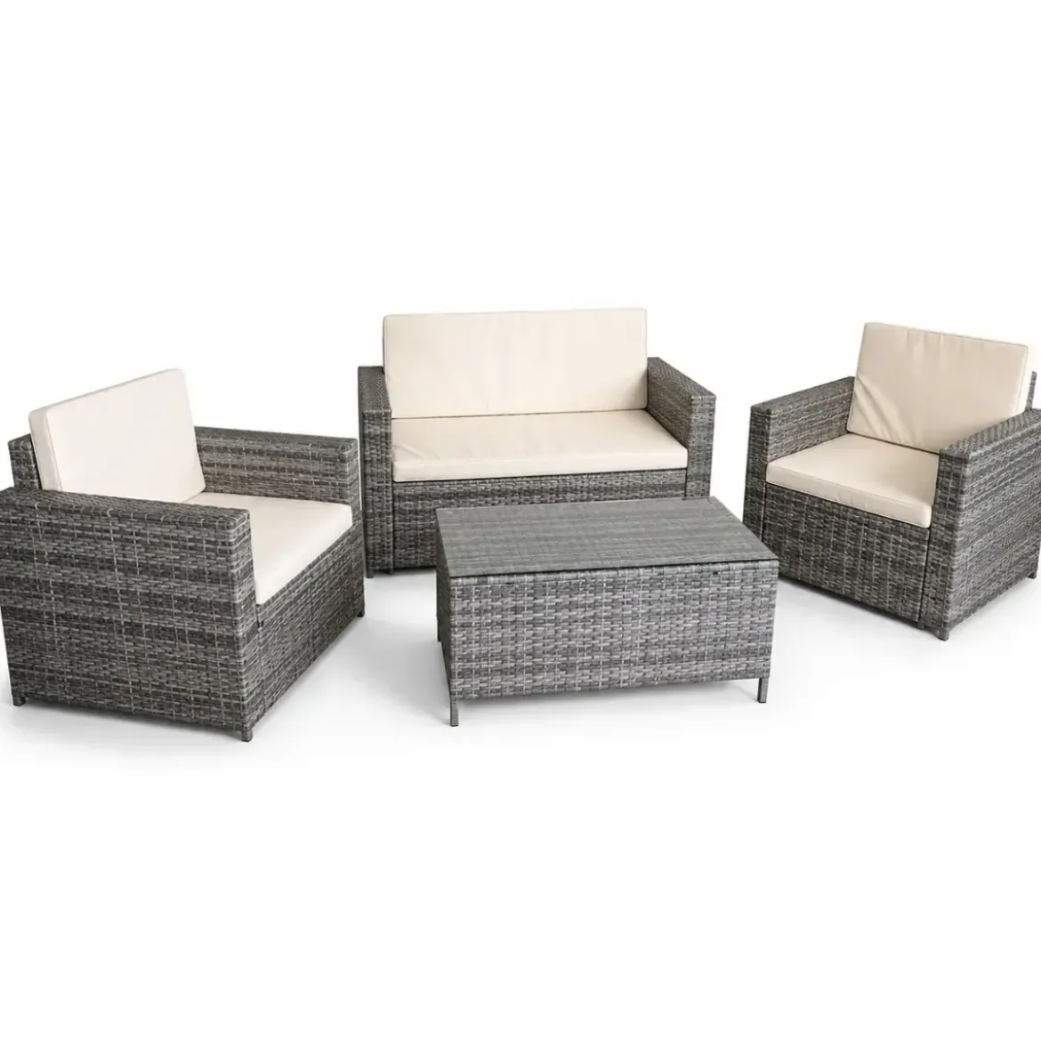 Salotto Giardino Grigio Effetto Rattan Divano Poltrone Tavolo Cuscini