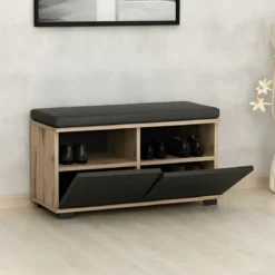 Scarpiera 2 Ante a Ribalta Pouf Contenitore Noce Nero 80x35x42 cm