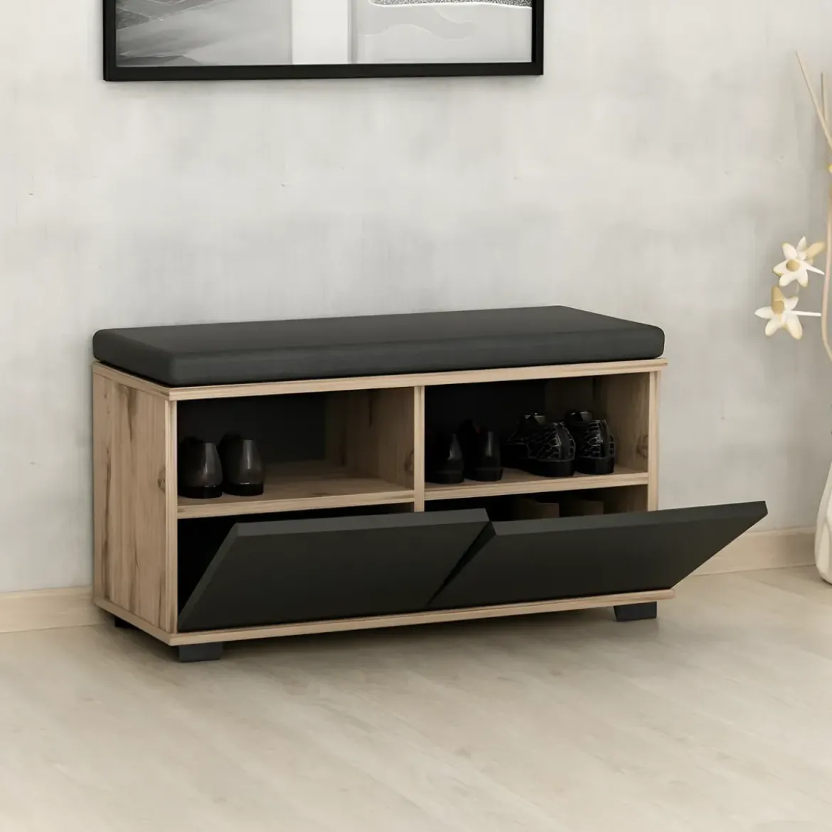 Scarpiera 2 Ante a Ribalta Pouf Contenitore Noce Nero 80x35x42 cm