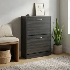 Scarpiera 2 Ante a Ribalta Slim Salvaspazio Legno Grigio Scuro Moderno