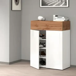 Scarpiera 2 Ante 1 Ribalta Bianco Lucido Rovere 3 Ripiani da Ingresso