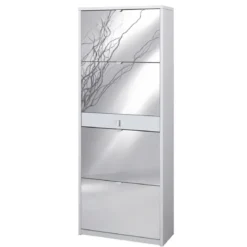 Scarpiera Bianco 4 Ante a Specchio Ribalta Doppia con Cassetto Porta Scarpe Slim