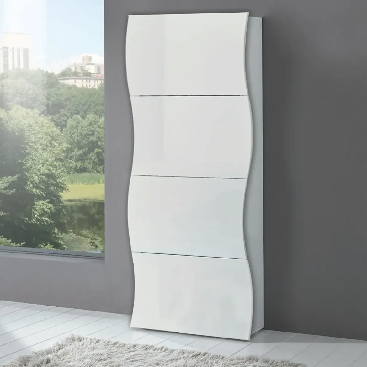 Scarpiera in Legno con 4 Ante a Ribalta Bianco Lucido Mobile Portascarpe