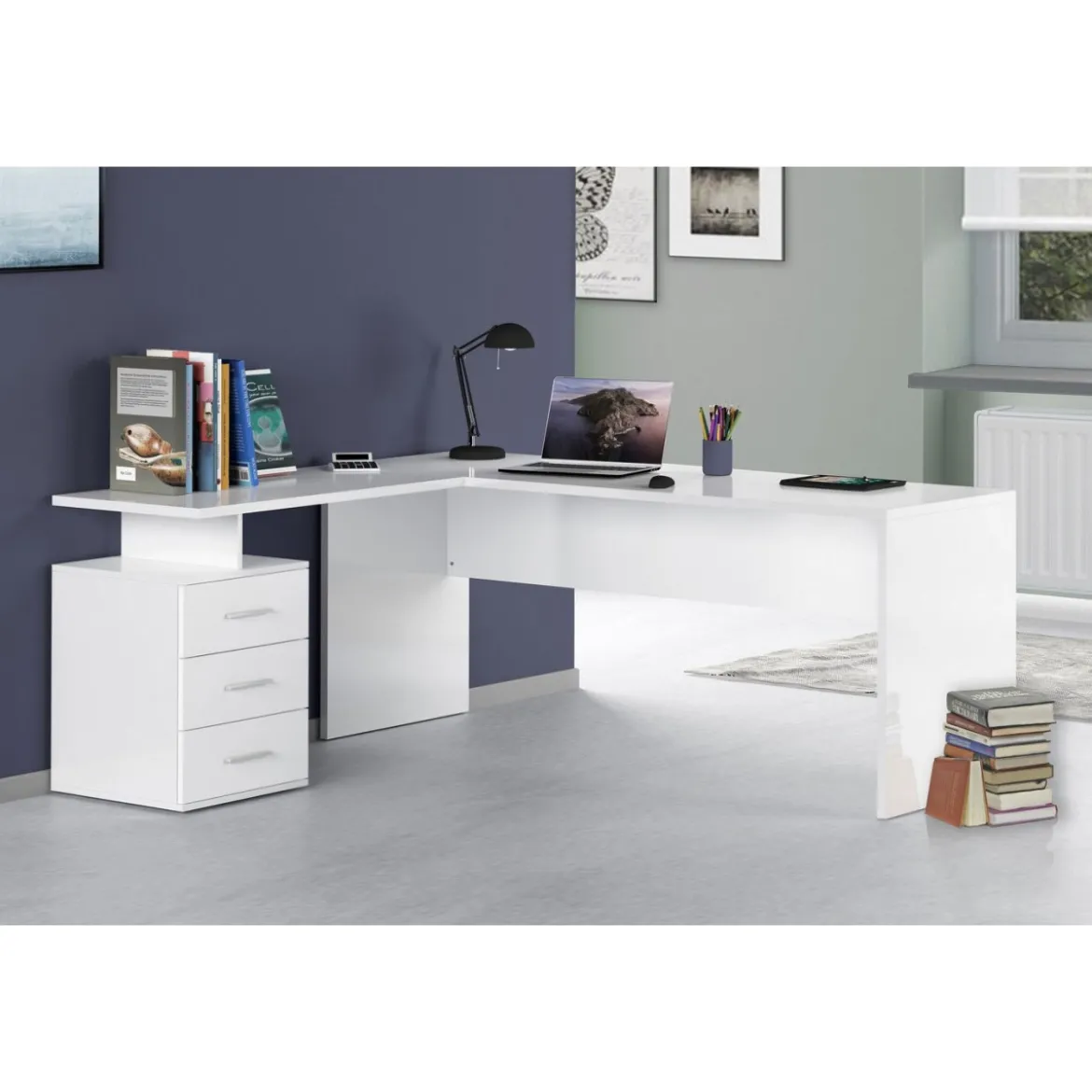 Scrivania Angolare Cassettiera Bianco Moderno Grande da Ufficio Cameretta
