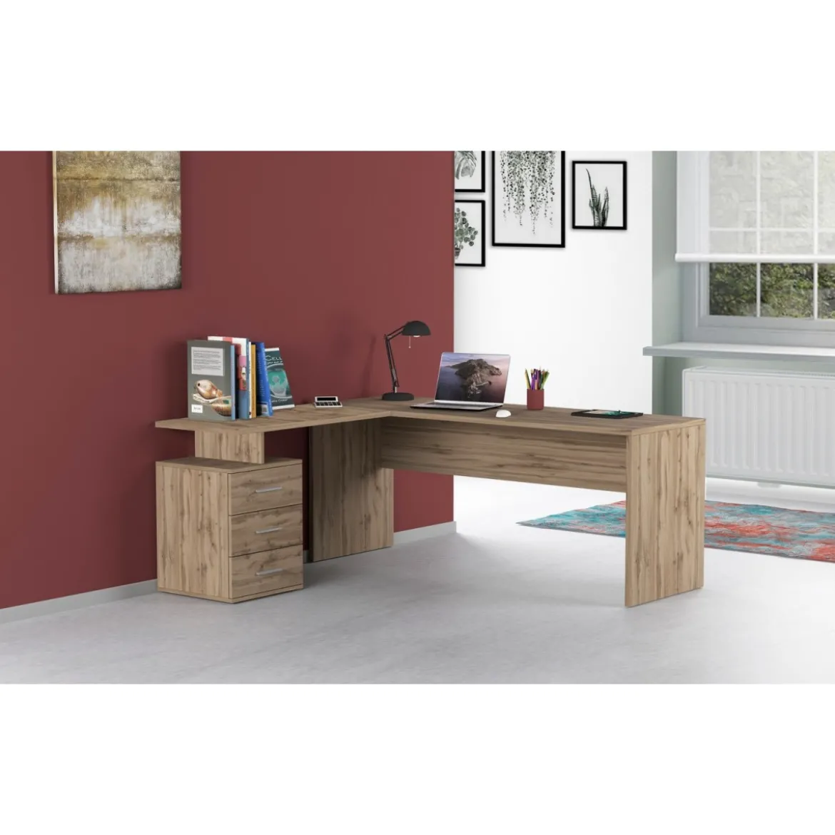 Scrivania Angolare Grande 180 Rovere da Ufficio con Cassettiera
