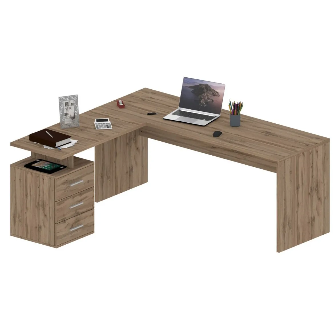 Scrivania Angolare Grande 180 Rovere da Ufficio con Cassettiera