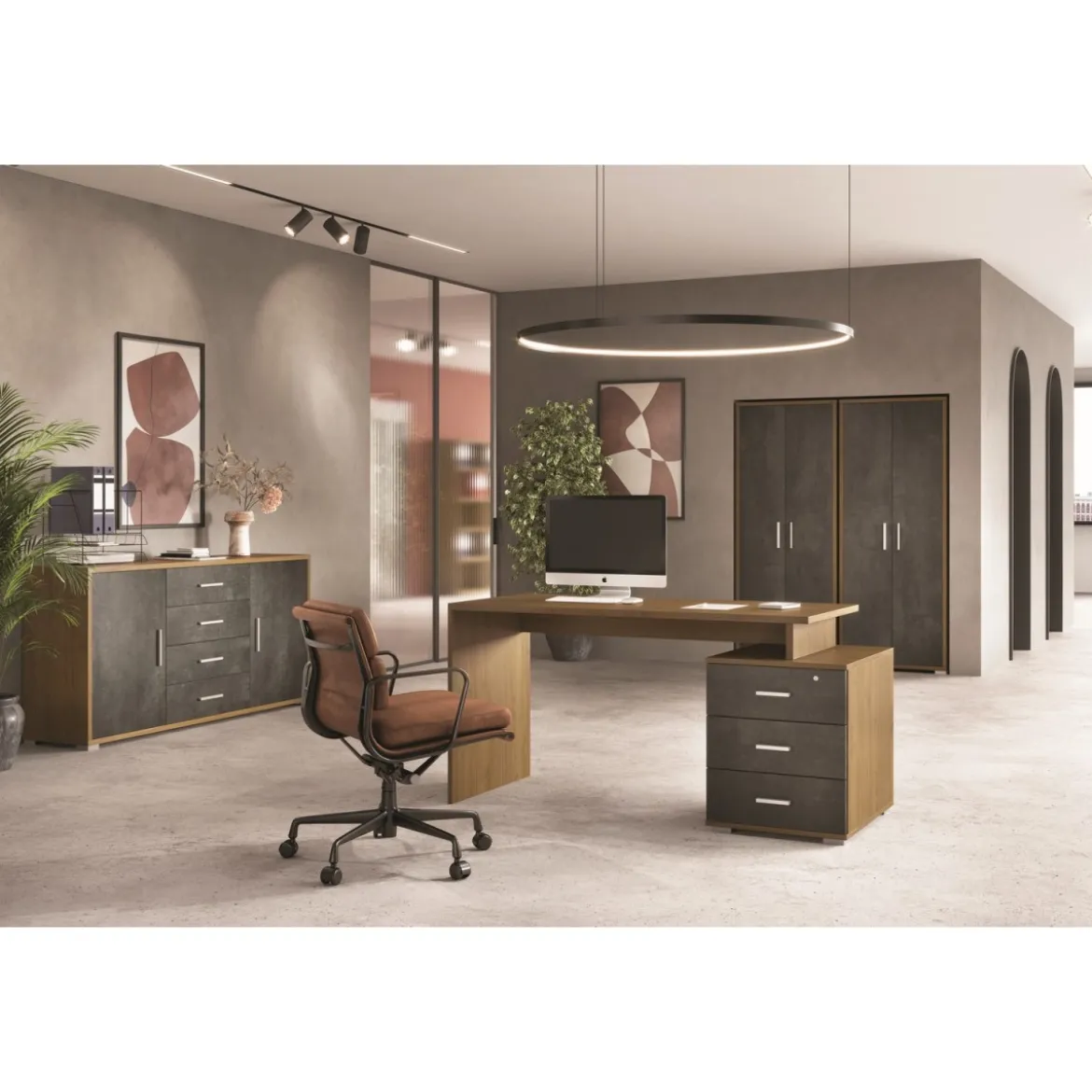 Scrivania 155 cm Noce Nero con Cassettiera in Legno Ufficio Cameretta