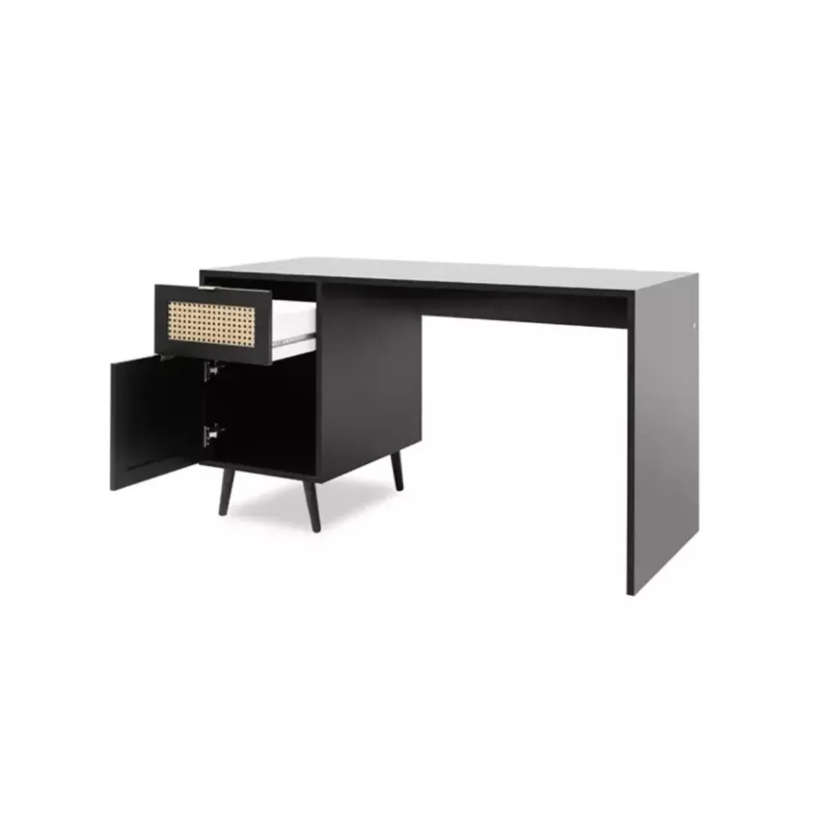 Scrivania Nera 130x55 cm con Anta e Cassetto Vimini