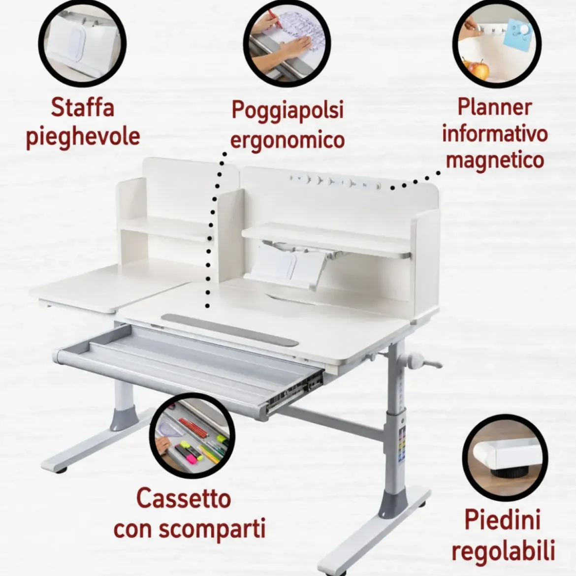 Scrivania per Bambini 120x60 Regolabile con Piano Inclinabile Cassetto