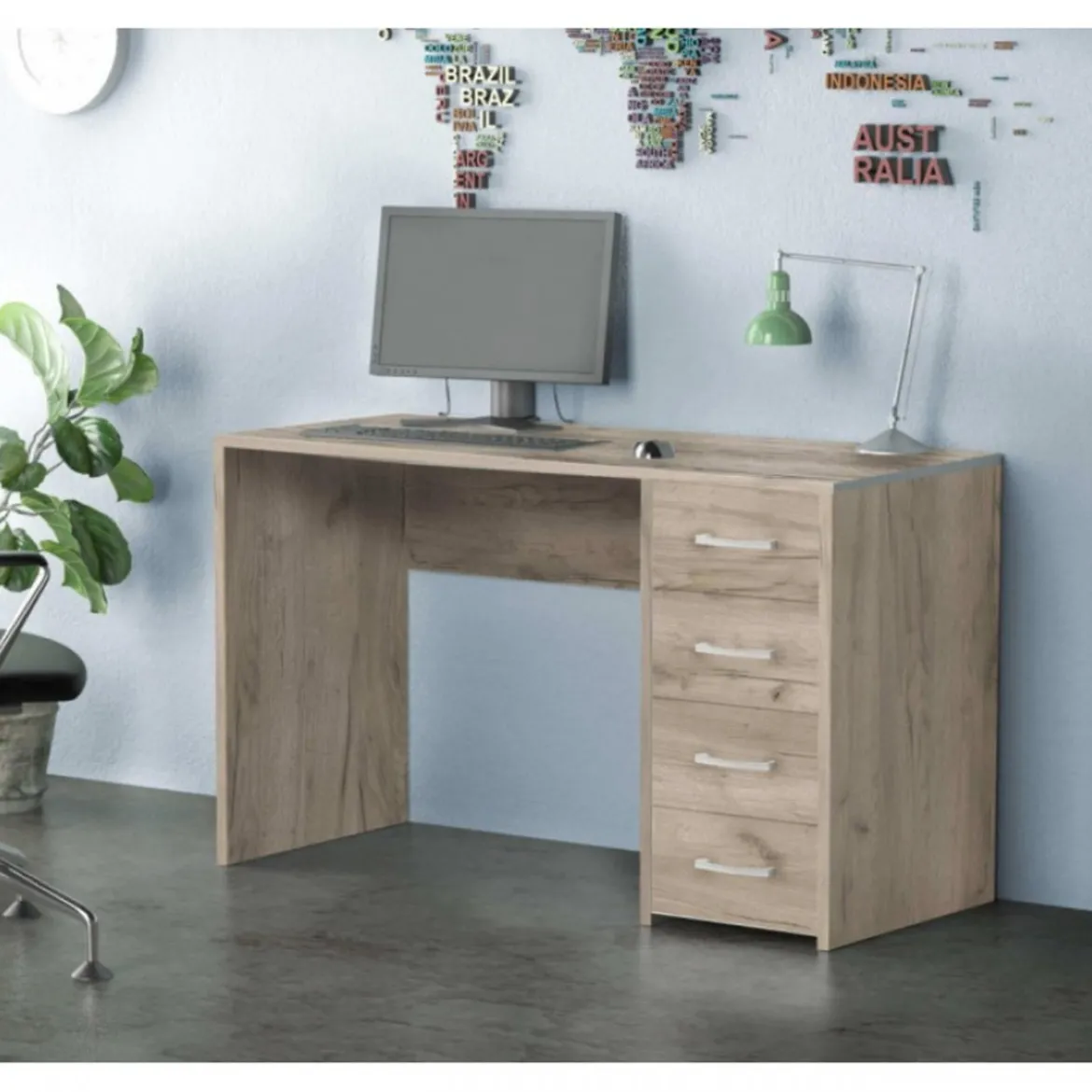 Scrivania Porta Pc per Ufficio Cameretta con Cassettiera in Legno Olmo