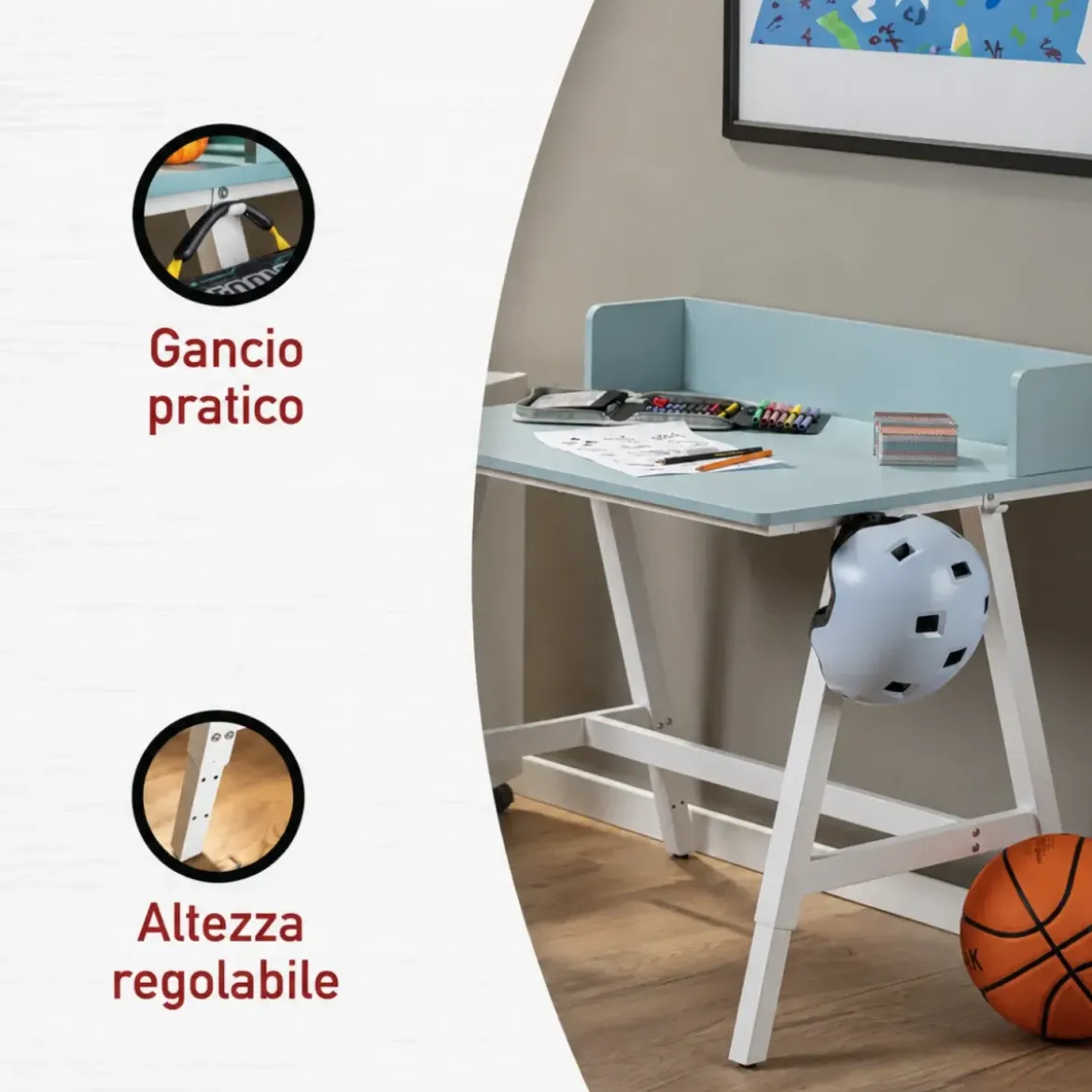 Scrivania Regolabile per Bambini 80x60 cm Bianco Azzurro Metallo MDF
