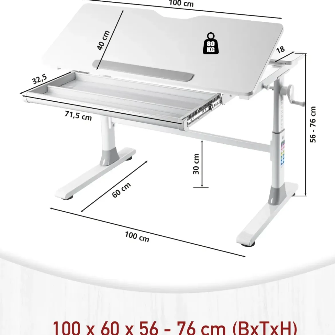 Scrivania Regolabile 100x60 cm con Piano Disegno Inclinabile Cassetto