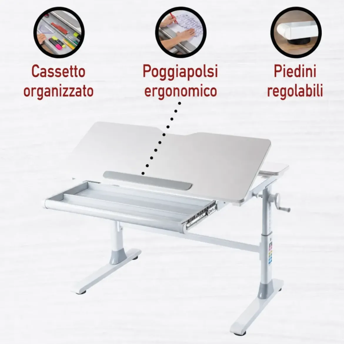 Scrivania Regolabile 100x60 cm con Piano Disegno Inclinabile Cassetto