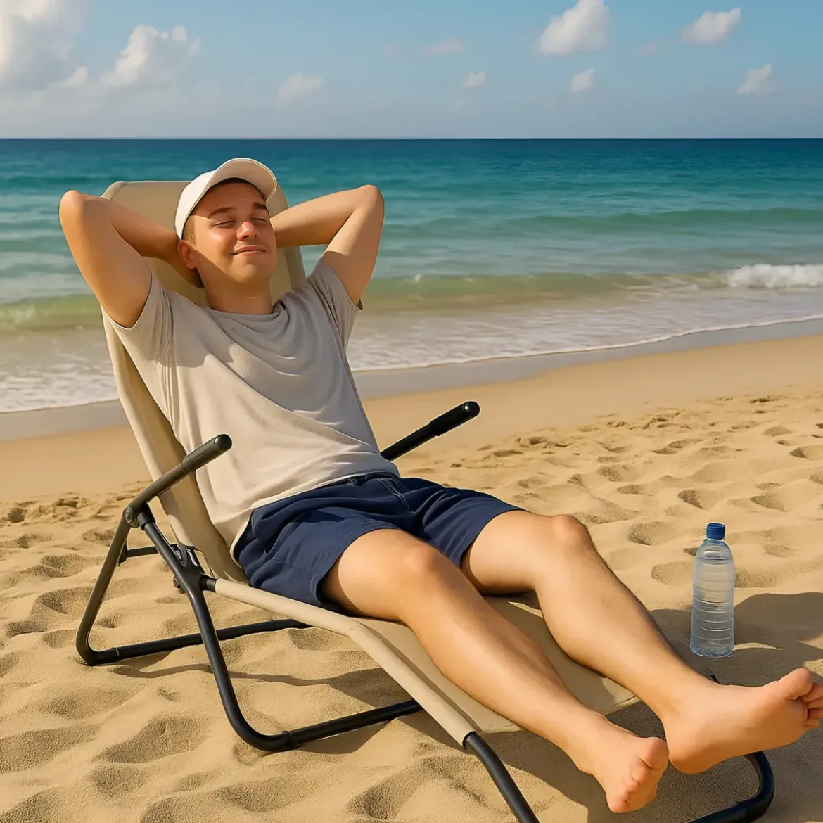 Sdraio Beige Lettino Mare Basculante Pieghevole in Acciaio da Spiaggia