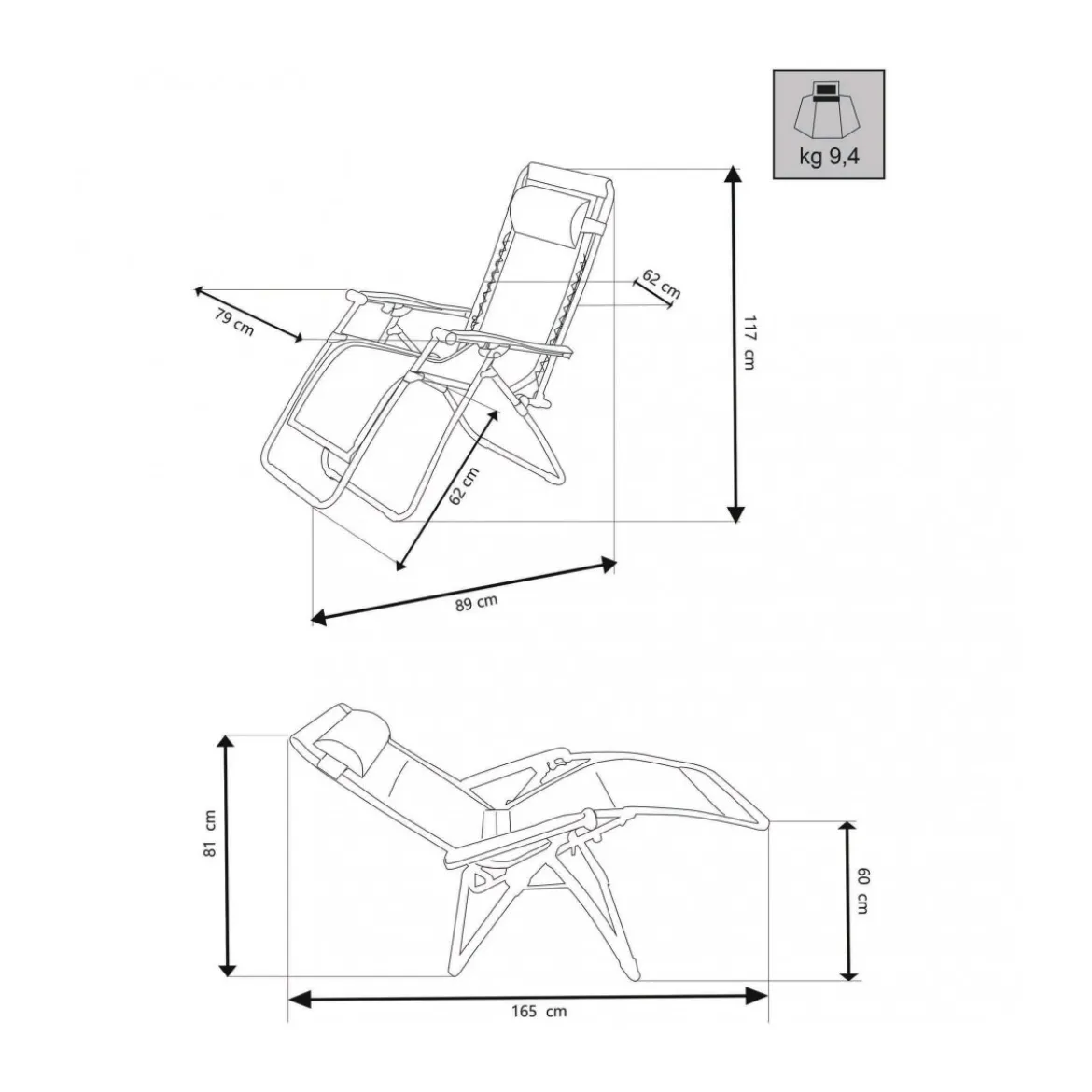 Sdraio Comfort con Braccioli Basculante Nero Spiaggia Giardino