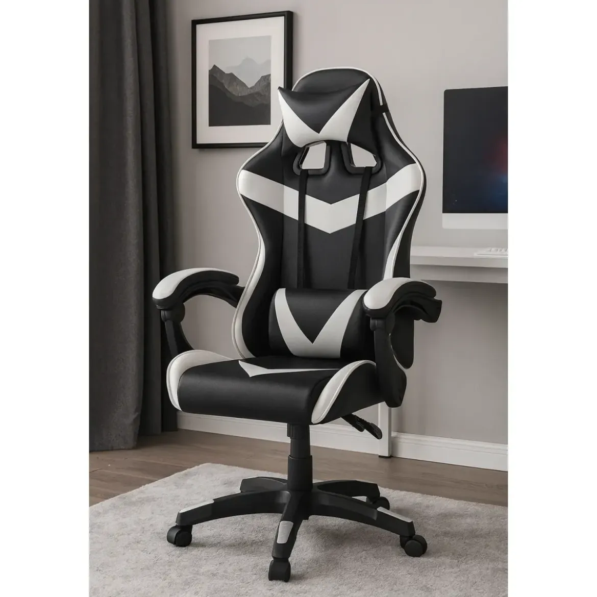 Sedia da Gaming in PVC con Imbottitura Nero e Bianco Reclinabile Girevole