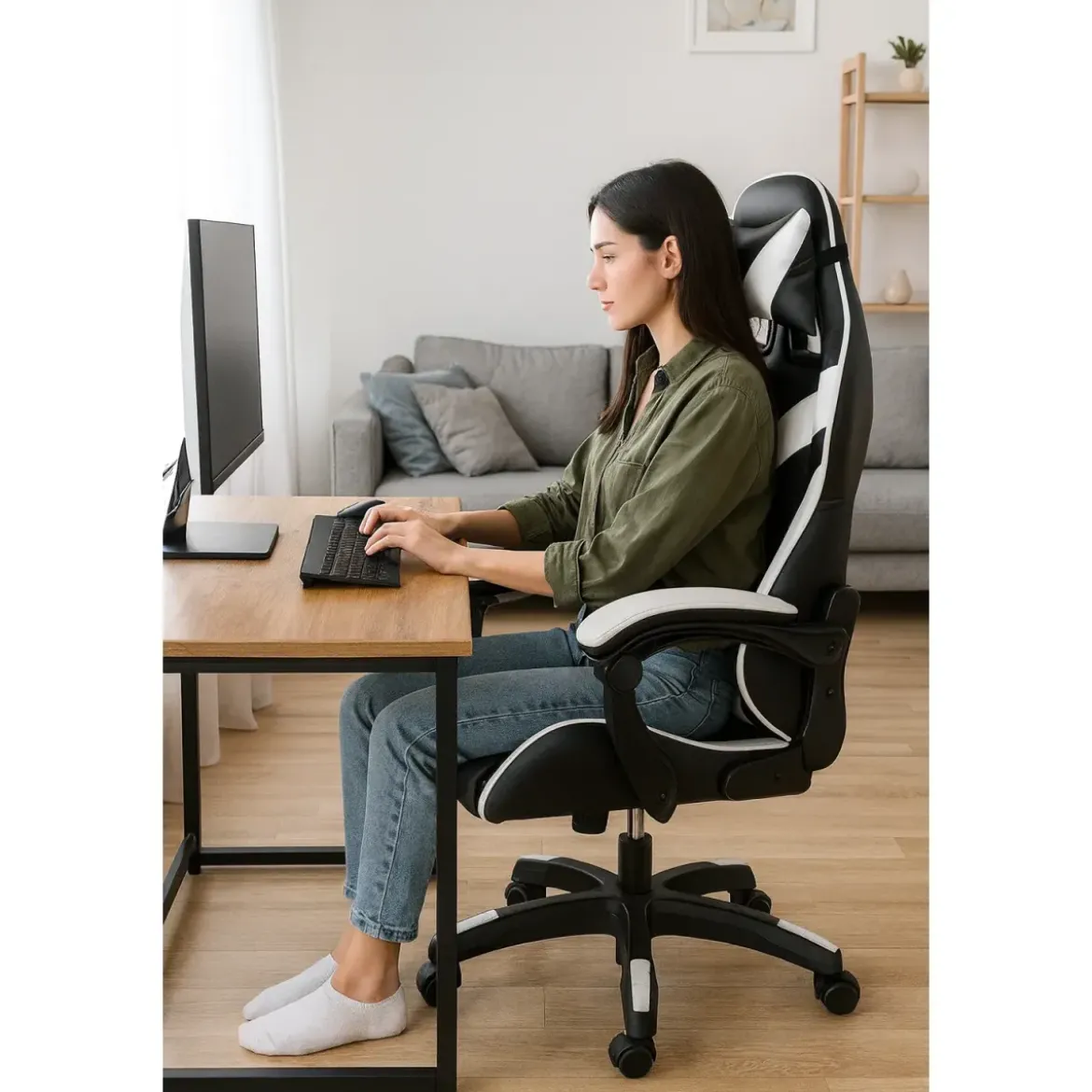 Sedia da Gaming in PVC con Imbottitura Nero e Bianco Reclinabile Girevole